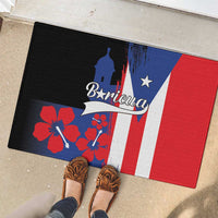 Black rubber doormat with Puerto Rico flag graphic, Boricua script, floral details