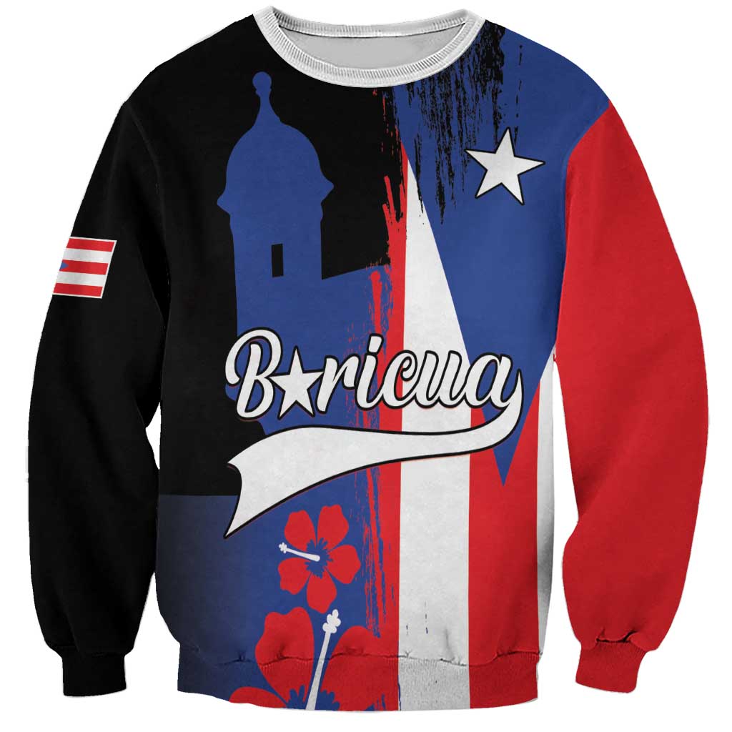 Unisex black sweatshirt with Puerto Rico flag print, Morro silhouette, star, “Boricua”