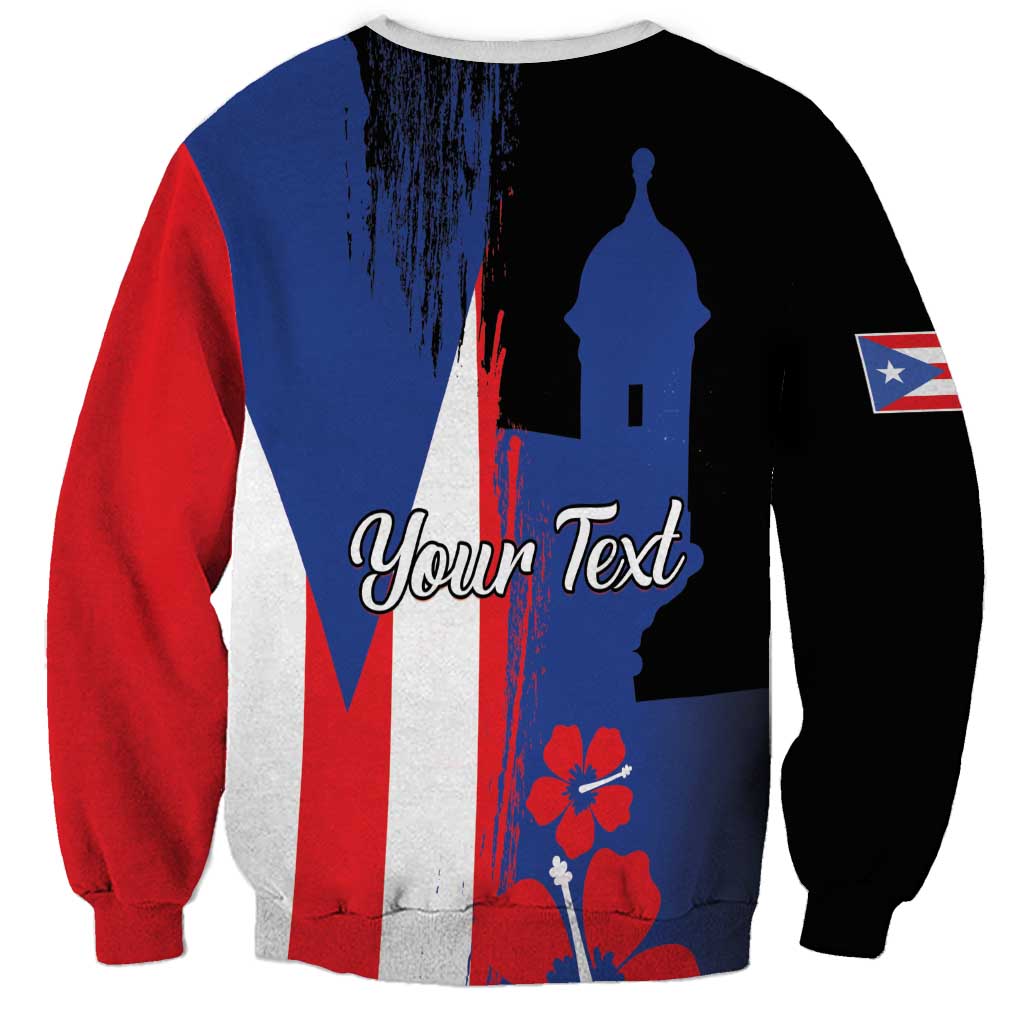 Unisex black sweatshirt with Puerto Rico flag print, El Morro silhouette, and “Your Text”