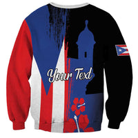 Unisex black sweatshirt with Puerto Rico flag print, El Morro silhouette, and “Your Text”