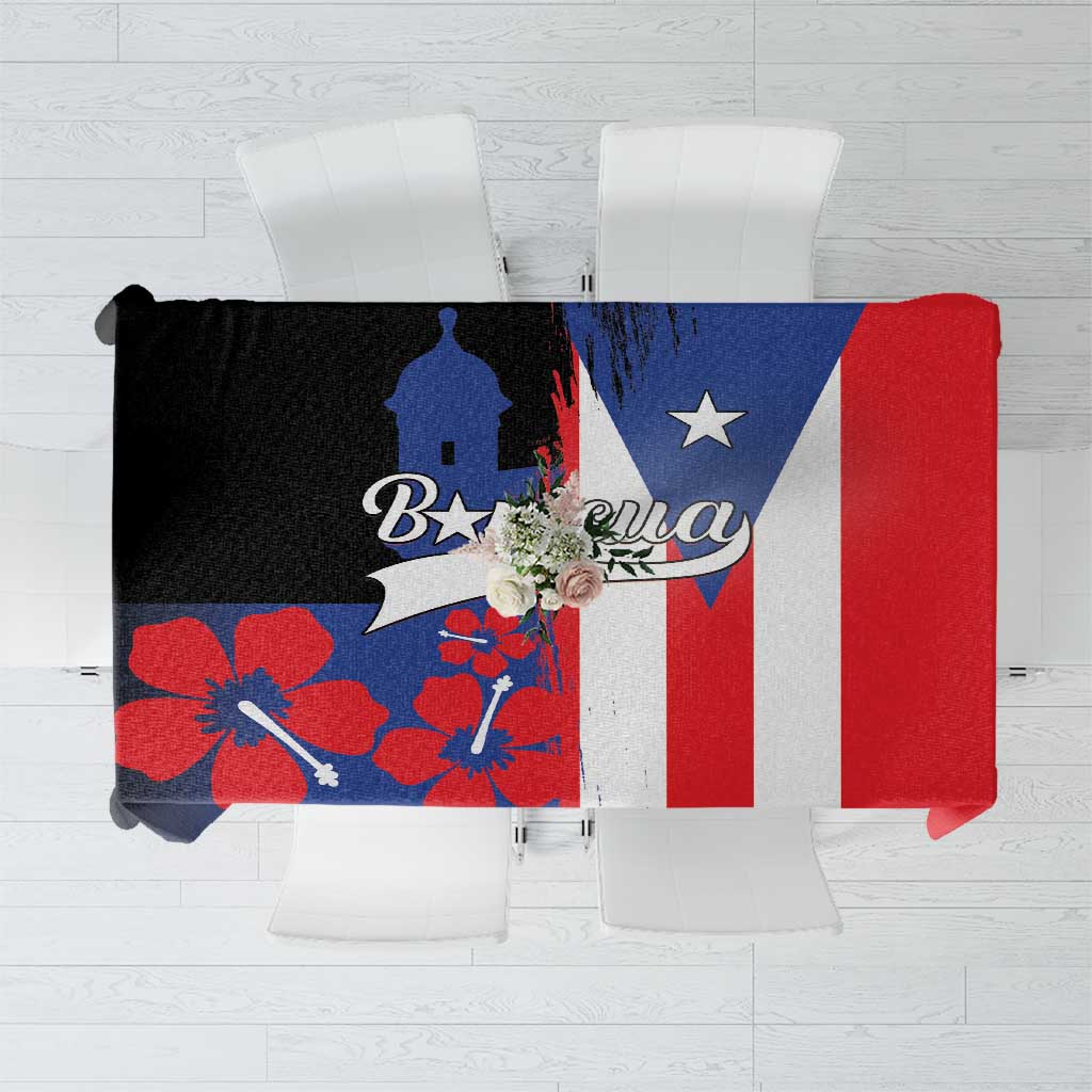 Flag-style Puerto Rico tablecloth with blue, red, white stripes and castle graphic