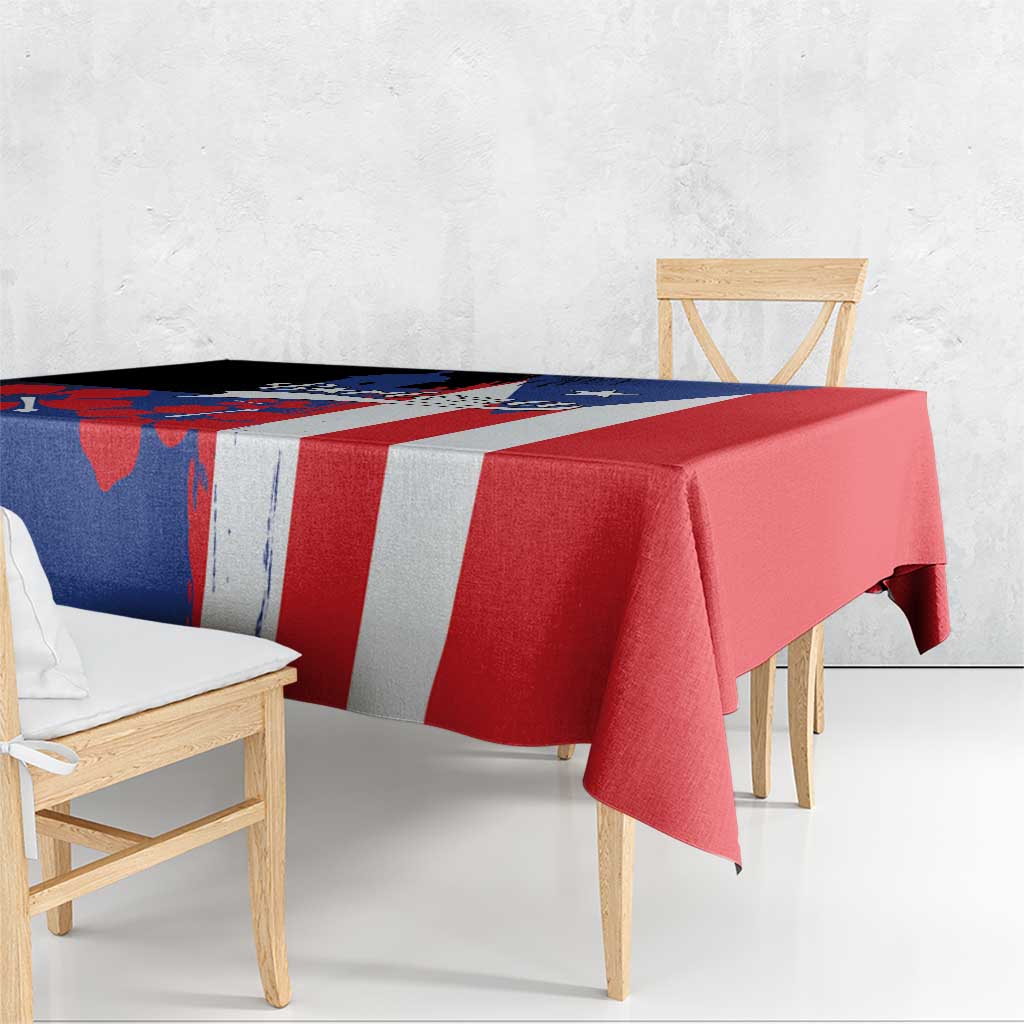 Flag-style Puerto Rico tablecloth draped on table, red and blue panels with white stripes