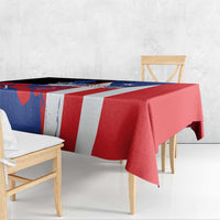 Flag-style Puerto Rico tablecloth draped on table, red and blue panels with white stripes