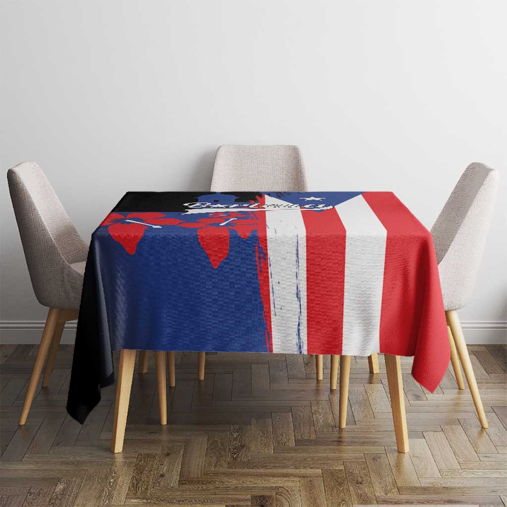 Flag-style Puerto Rico tablecloth on small square table, red blue white stripes and accents