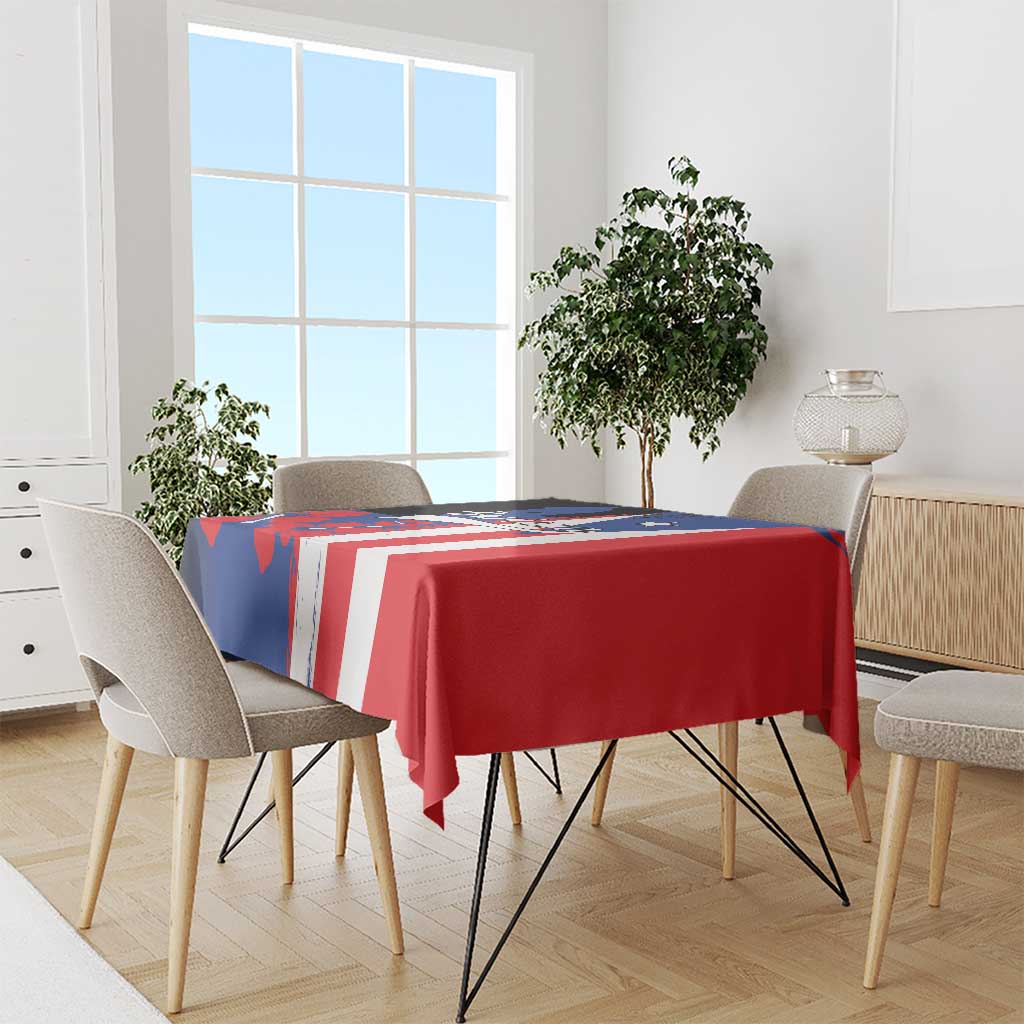 Flag-style Puerto Rico tablecloth covering dining table, red blue and white stripes