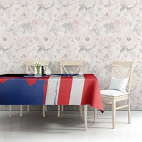 Flag-style Puerto Rico tablecloth on long table, red blue white vertical stripe pattern