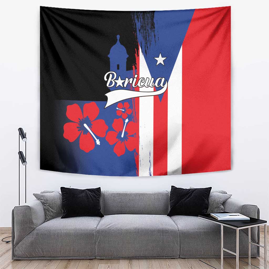Puerto Rico flag style tapestry wall hanging in black, blue, red with Boricua script and flowers