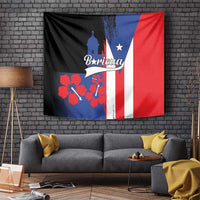 Puerto Rico flag style tapestry with Boricua script, El Morro silhouette, and flower graphics
