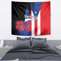 Puerto Rico flag style wall tapestry showing Boricua logo, El Morro silhouette, and red-white stripes