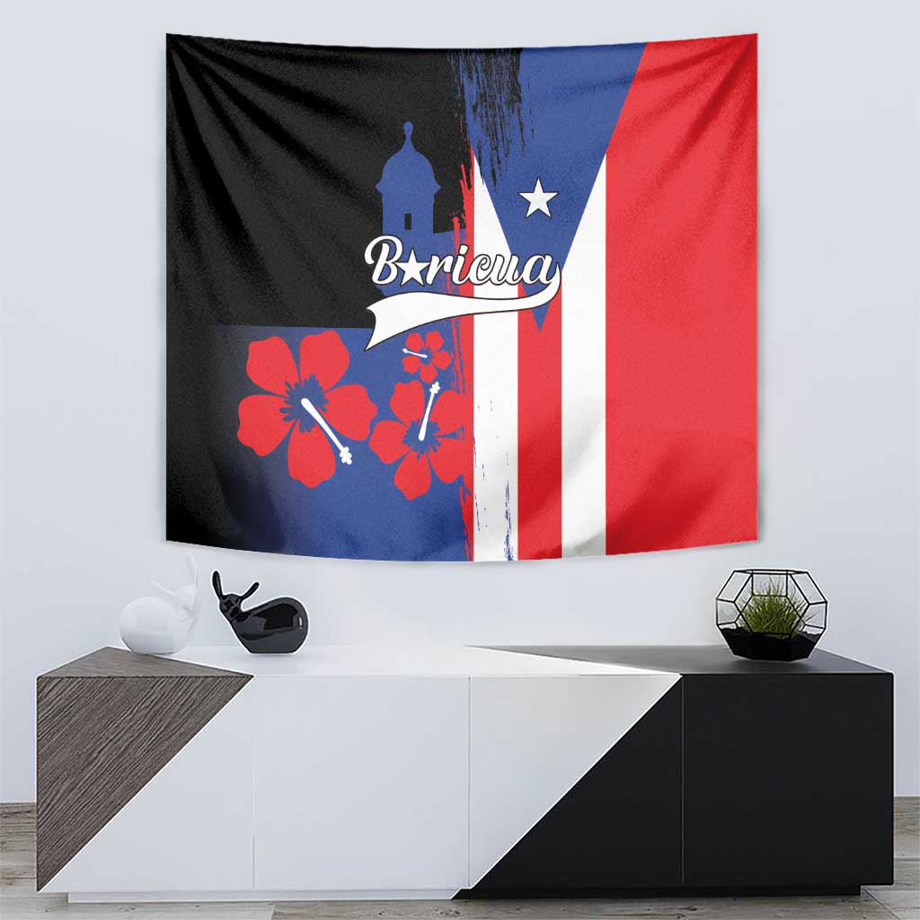 Puerto Rico flag style tapestry with Boricua text, El Morro silhouette, red-white stripes, and flowers