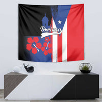 Puerto Rico flag style tapestry with Boricua text, El Morro silhouette, red-white stripes, and flowers