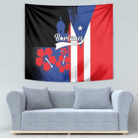 Puerto Rico flag style tapestry wall hanging in black, blue, red with Boricua logo and star