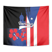 Puerto Rico flag style wall tapestry close-up with Boricua script, El Morro, and red-blue flower art