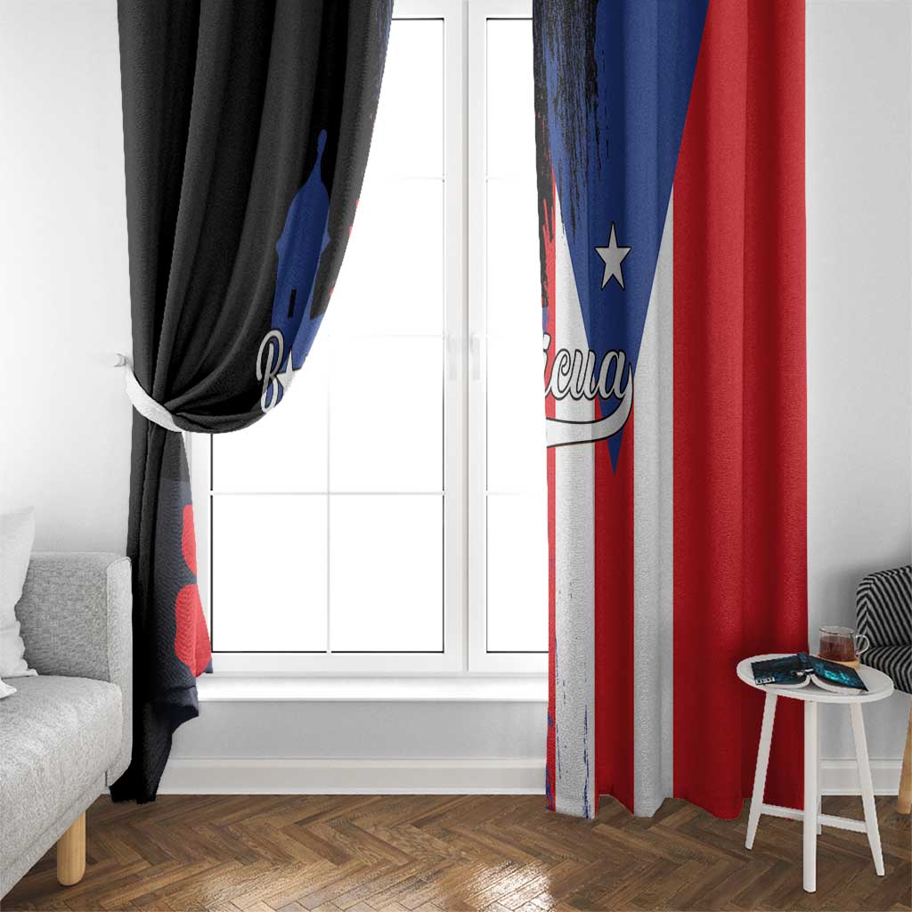 Pair of window curtains with black, blue, and red Puerto Rico flag style panel designs