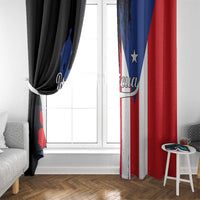 Pair of window curtains with black, blue, and red Puerto Rico flag style panel designs