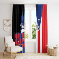 Window curtain set with Puerto Rico flag style print in black, blue, and red colors