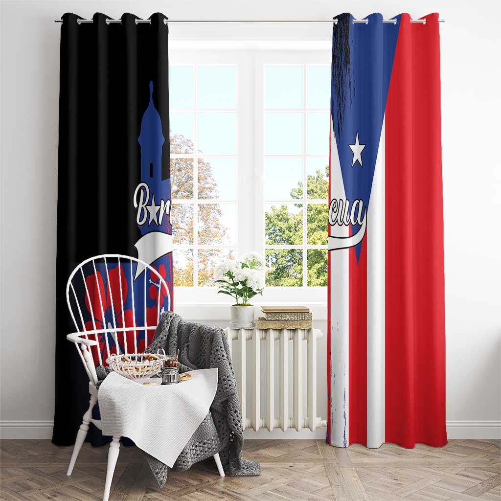 Hanging window curtains with Puerto Rico flag design panels: black left, blue and red right
