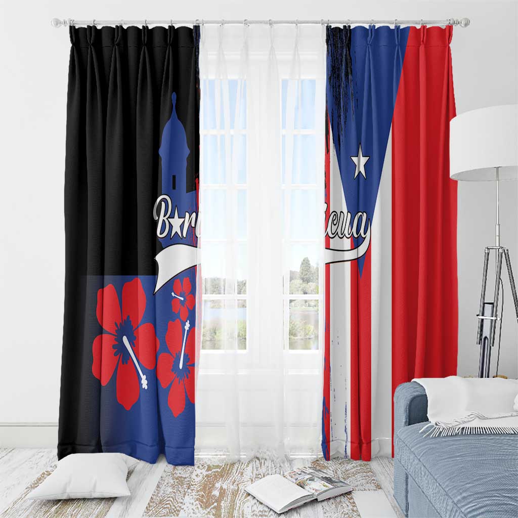 Two window curtain panels in Puerto Rico flag colors with blue star and red accents