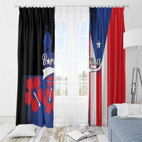 Two window curtain panels in Puerto Rico flag colors with blue star and red accents