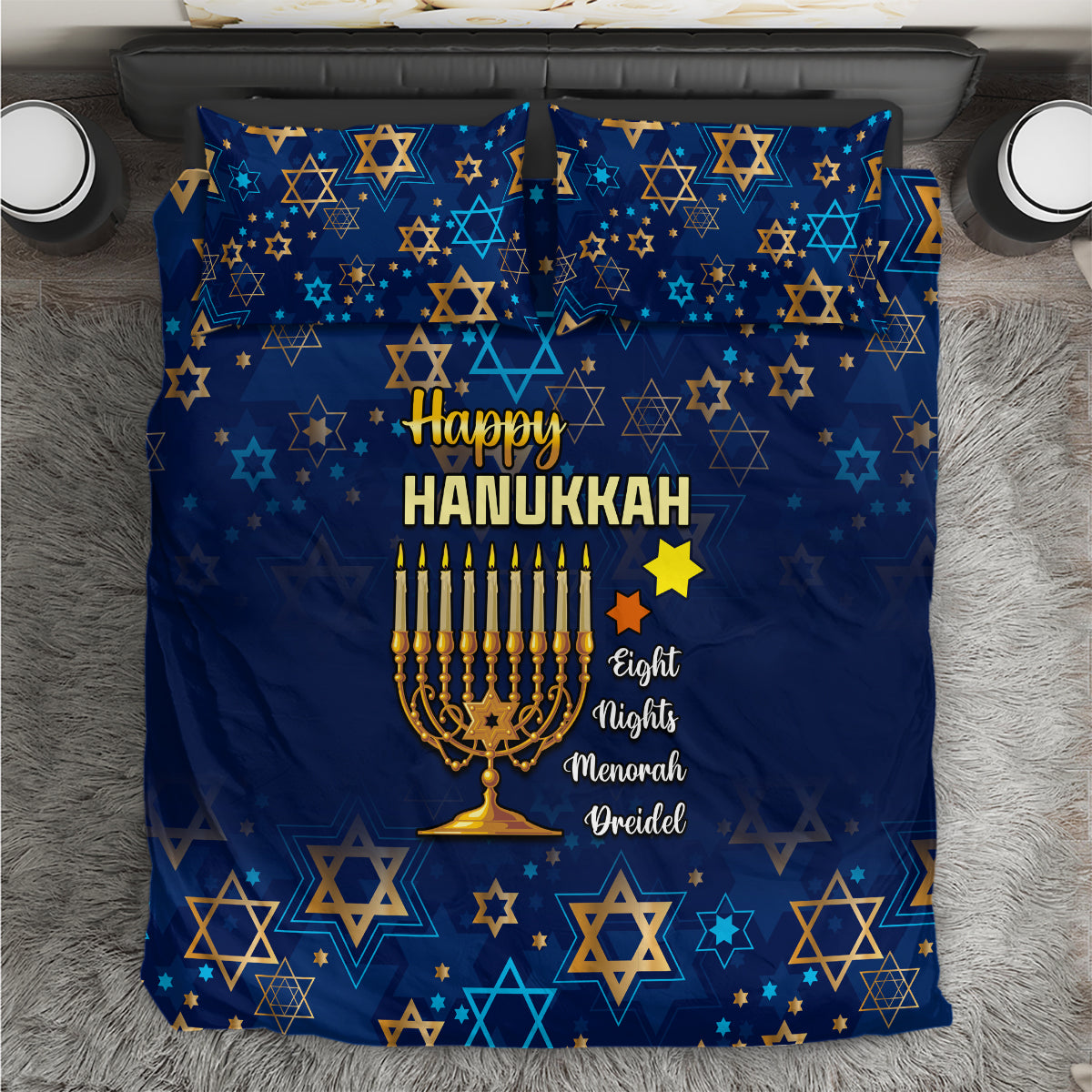 Blue Hanukkah bedding set with menorah and Star of David pattern, “Happy HANUKKAH” text