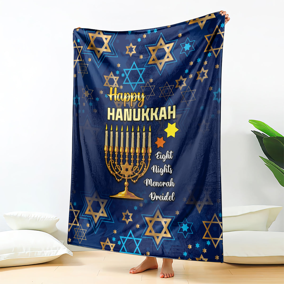 Blue Hanukkah festival blanket with Happy Hanukkah text, menorah and star patterns