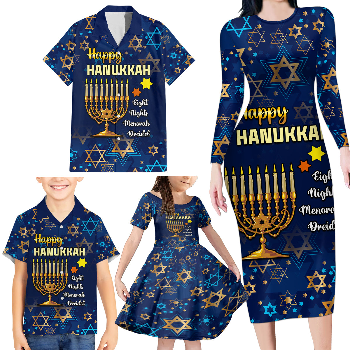 Personalised Hanukkah Festival Family Matching Long Sleeve Bodycon Dress and Hawaiian Shirt Eight Nights Menorah Dreidel - Wonder Print Shop