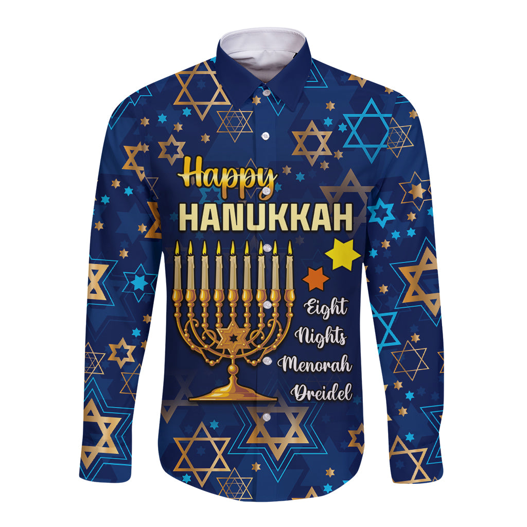 Blue long-sleeve button shirt with Happy Hanukkah text, menorah and dreidel graphics.