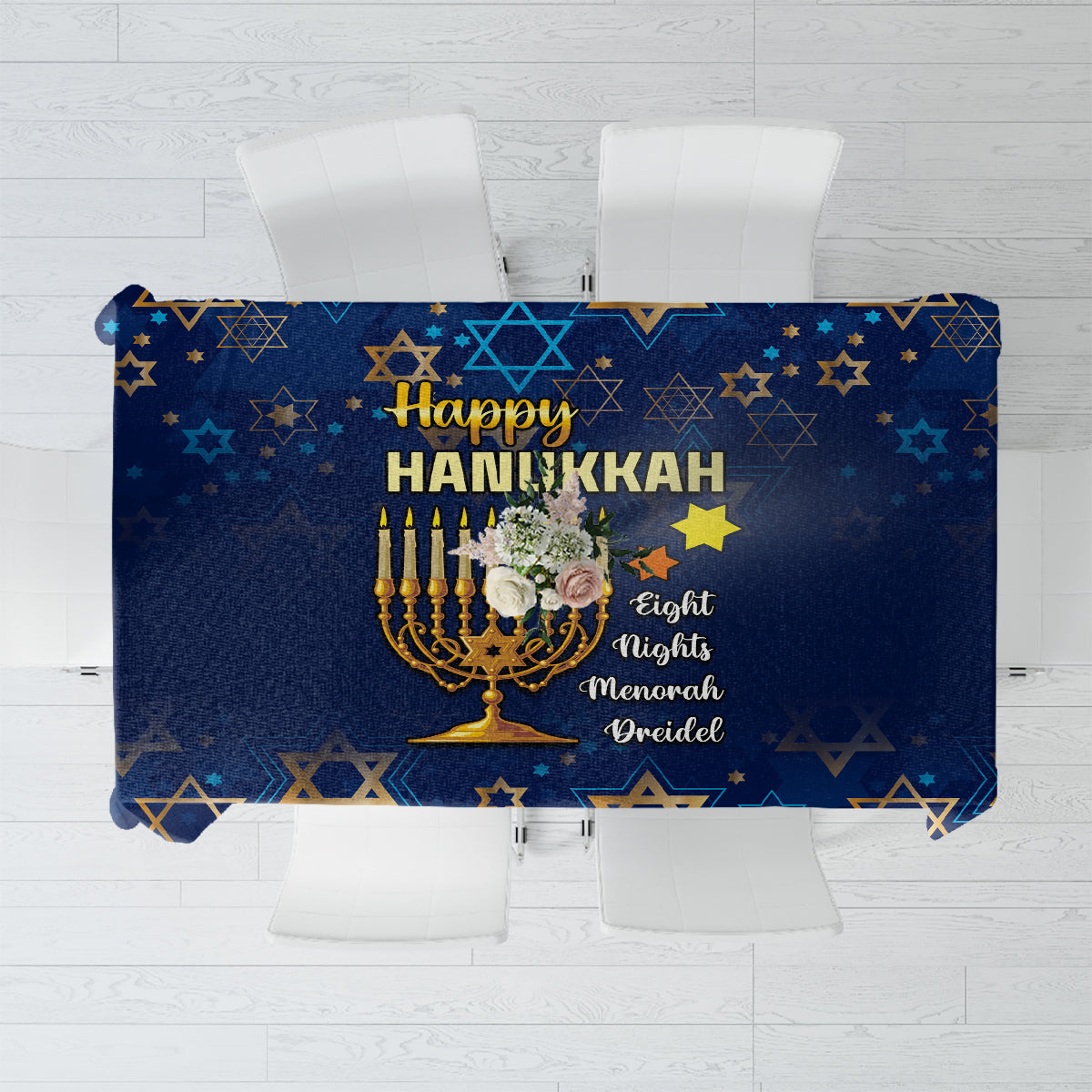 Blue Hanukkah tablecloth with menorah, 'Happy Hanukkah' text, star pattern