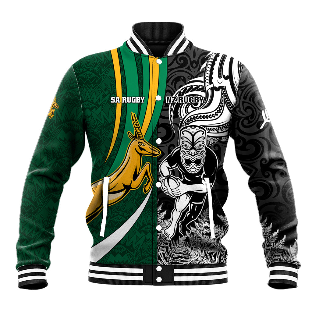 Custom New Zealand and South Africa Rugby Baseball Jacket Silver Fern Protea Pattern World Cup 2023 - Wonder Print Shop