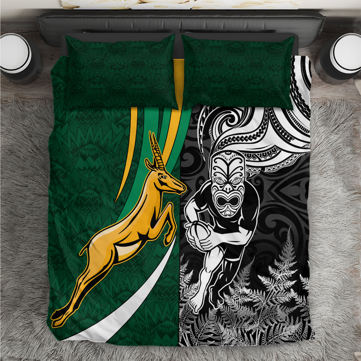 Green and black rugby bedding set with yellow kangaroo, white fern motif, and two pillows