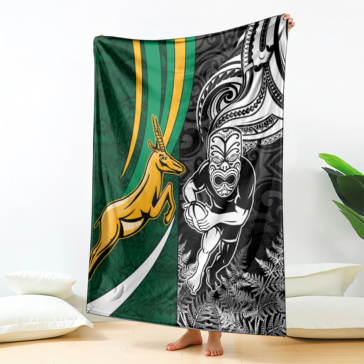 Rugby-themed blanket: green stripe panel with gold kangaroo and black-white face art
