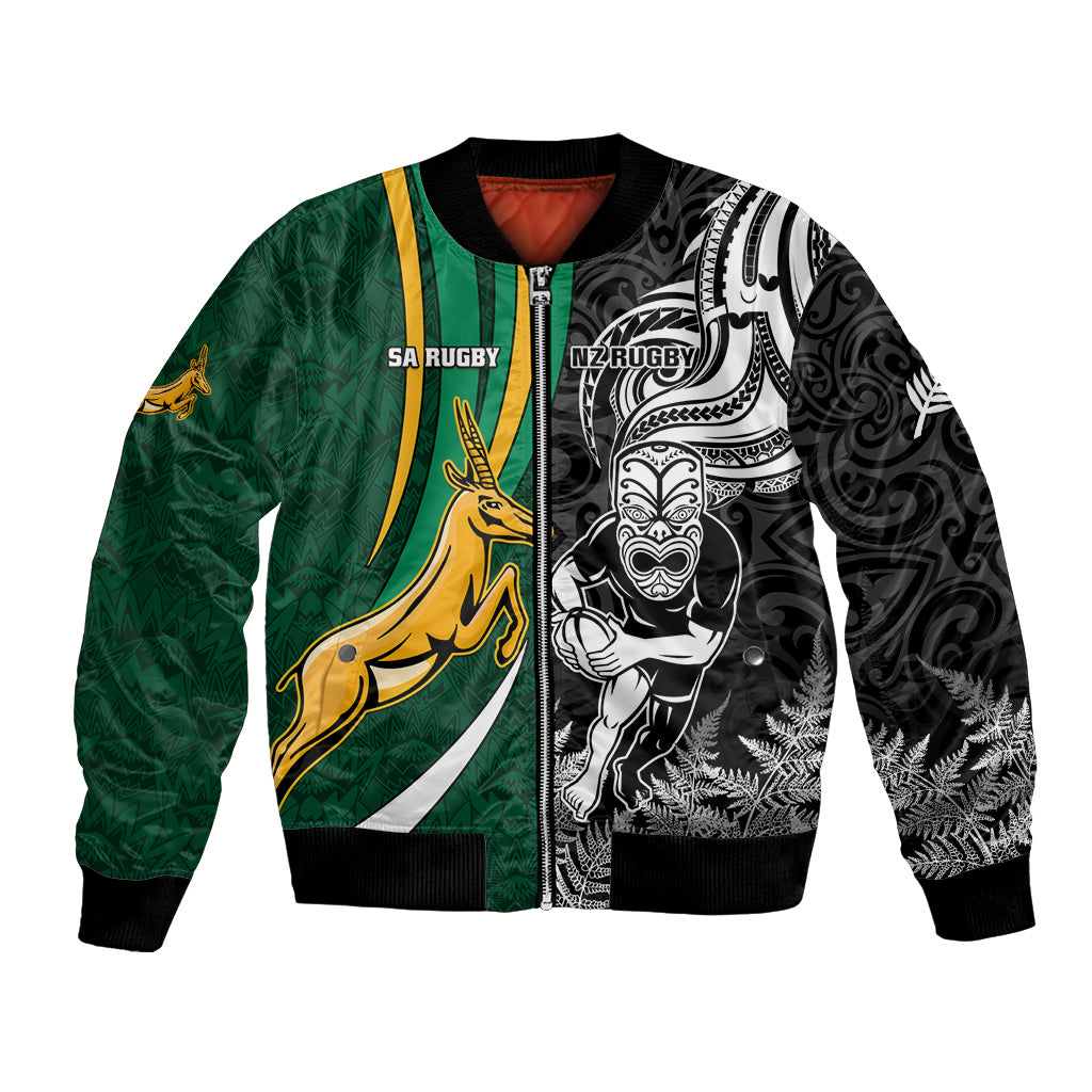 Custom New Zealand and South Africa Rugby Bomber Jacket Silver Fern Protea Pattern World Cup 2023 - Wonder Print Shop