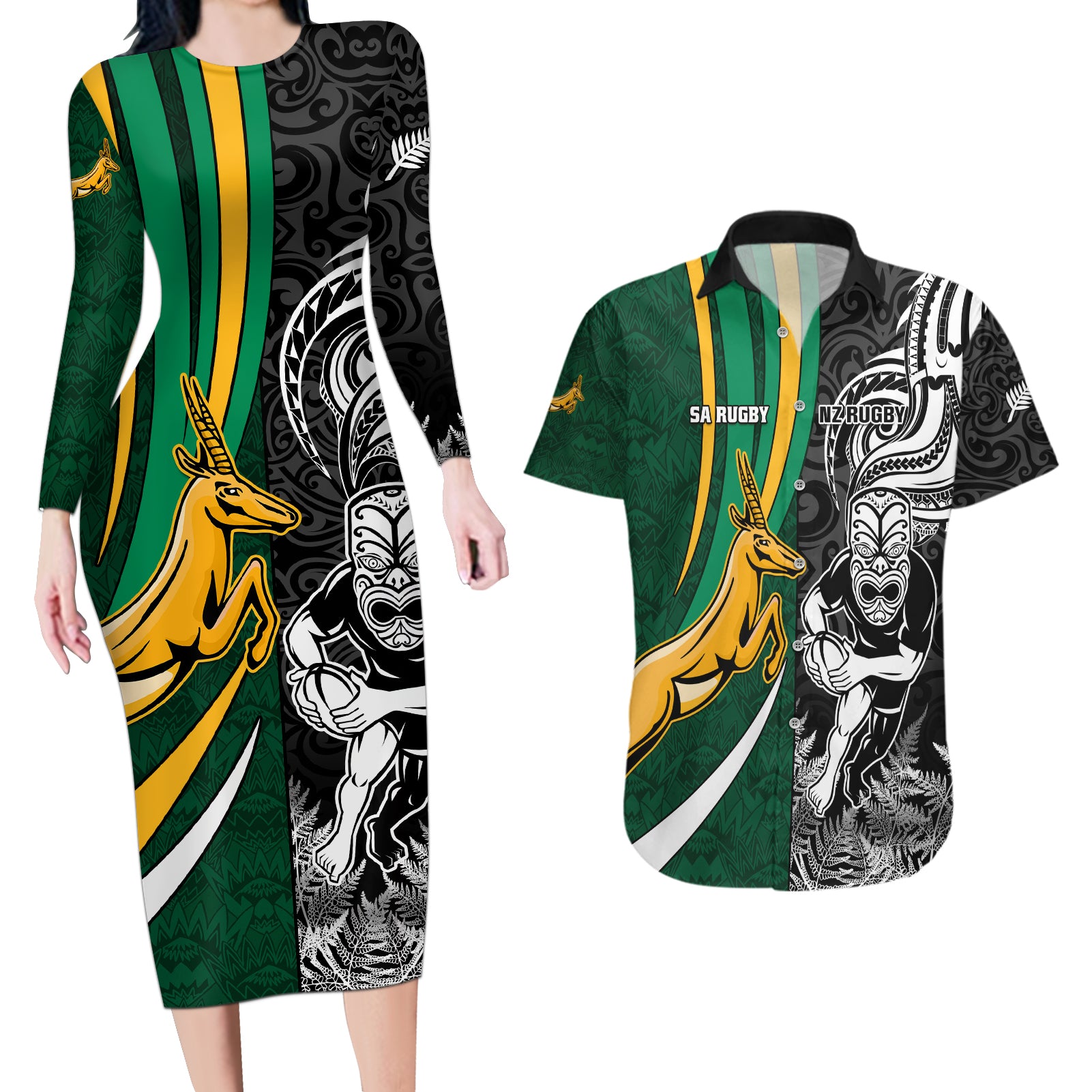 Custom New Zealand and South Africa Rugby Couples Matching Long Sleeve Bodycon Dress and Hawaiian Shirt Silver Fern Protea Pattern World Cup 2023 - Wonder Print Shop