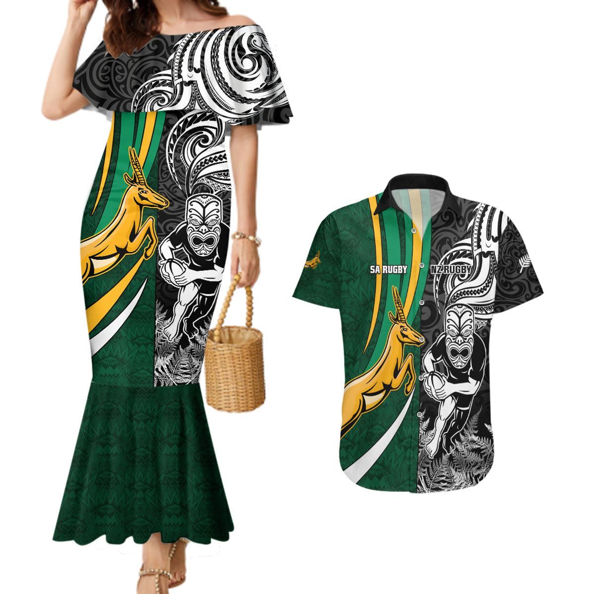 Custom New Zealand and South Africa Rugby Couples Matching Mermaid Dress and Hawaiian Shirt Silver Fern Protea Pattern World Cup 2023 - Wonder Print Shop