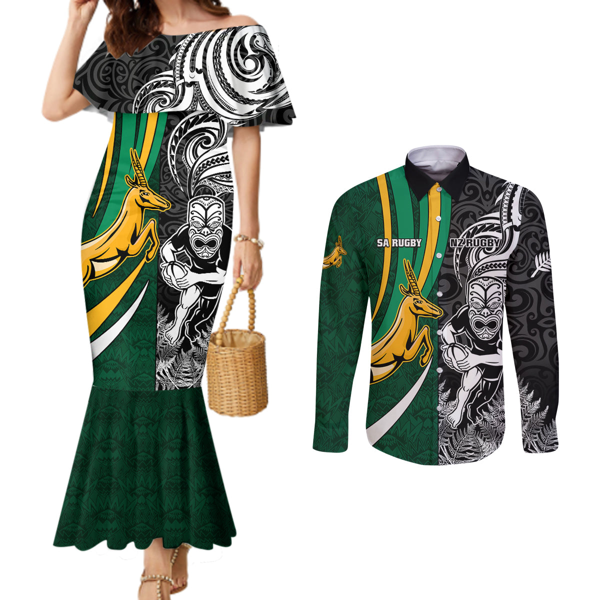 custom-new-zealand-and-south-africa-rugby-couples-matching-mermaid-dress-and-long-sleeve-button-shirt-silver-fern-protea-pattern-world-cup-2023