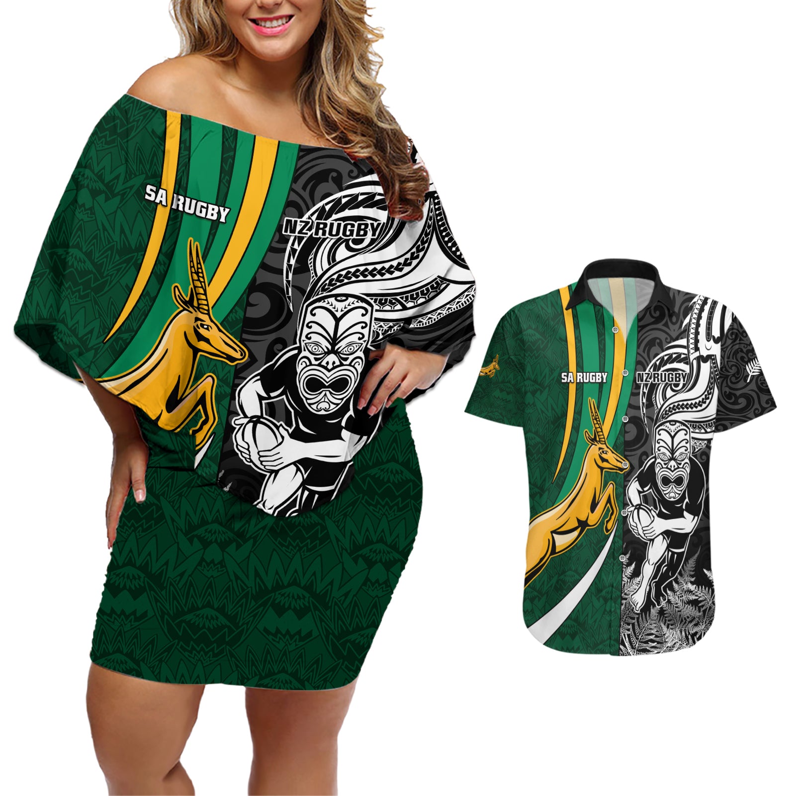 Custom New Zealand and South Africa Rugby Couples Matching Off Shoulder Short Dress and Hawaiian Shirt Silver Fern Protea Pattern World Cup 2023 - Wonder Print Shop