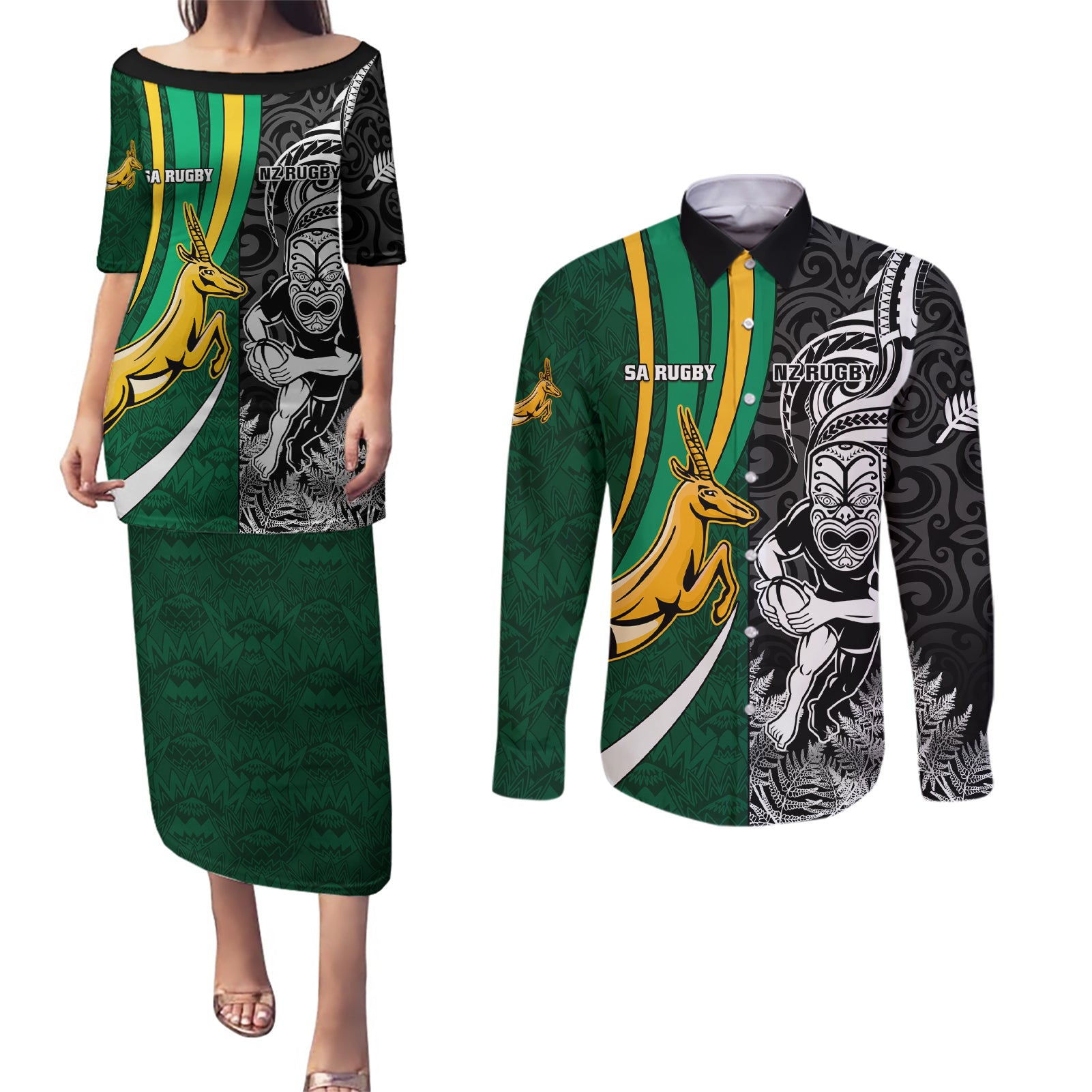 Custom New Zealand and South Africa Rugby Couples Matching Puletasi Dress and Long Sleeve Button Shirt Silver Fern Protea Pattern World Cup 2023 - Wonder Print Shop