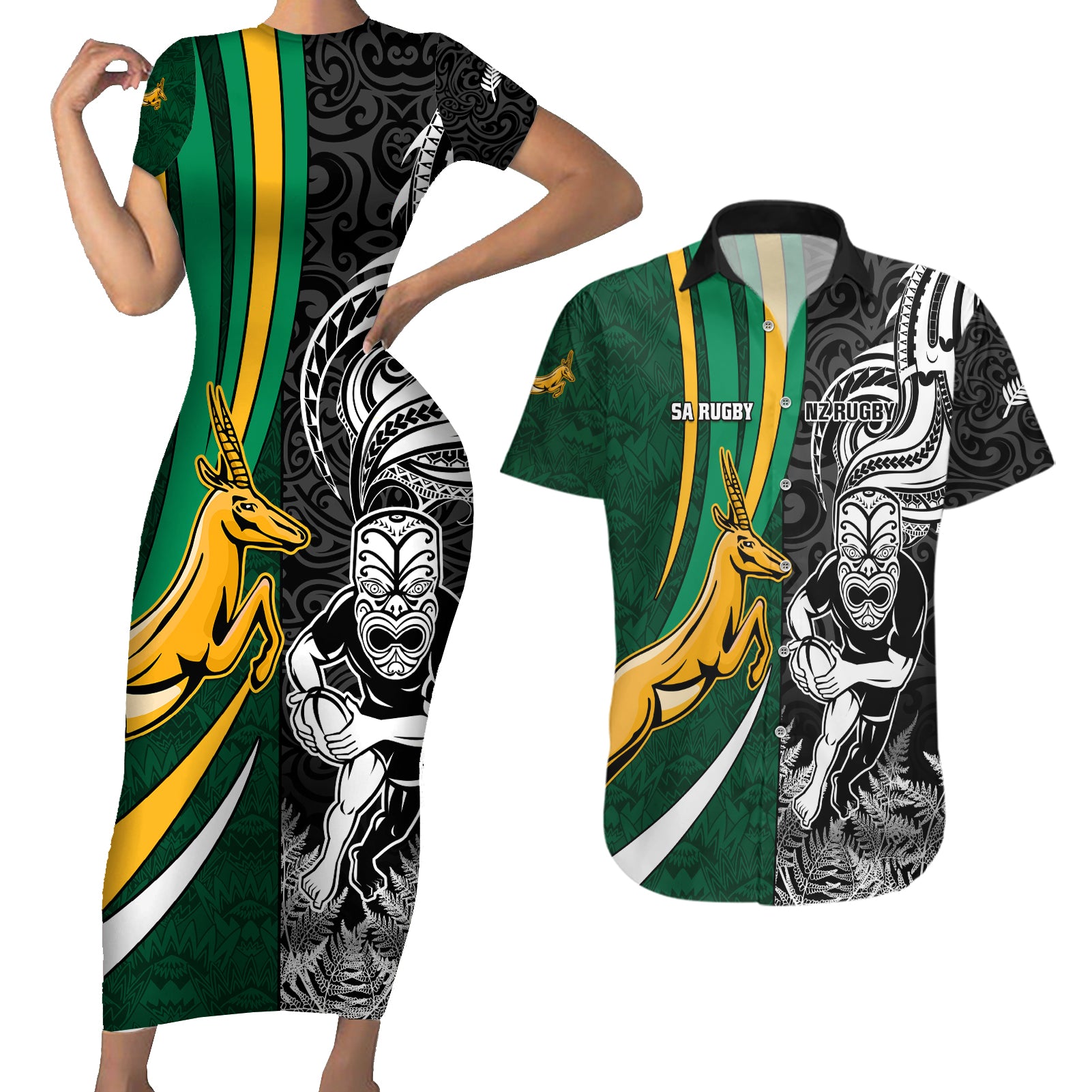 Custom New Zealand and South Africa Rugby Couples Matching Short Sleeve Bodycon Dress and Hawaiian Shirt Silver Fern Protea Pattern World Cup 2023 - Wonder Print Shop