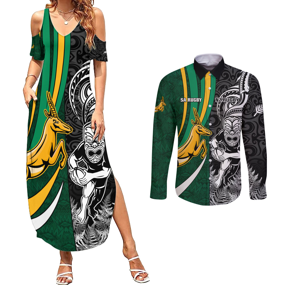 Custom New Zealand and South Africa Rugby Couples Matching Summer Maxi Dress and Long Sleeve Button Shirt Silver Fern Protea Pattern World Cup 2023 - Wonder Print Shop