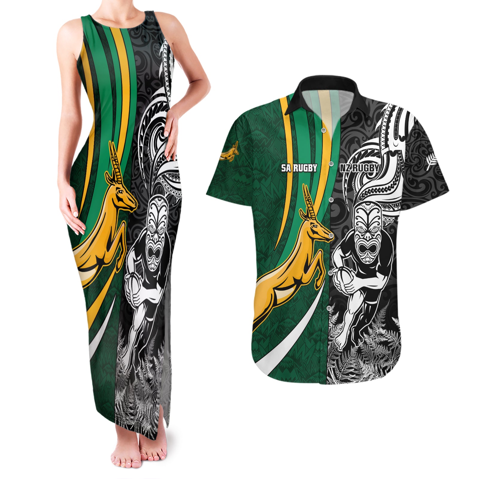 Custom New Zealand and South Africa Rugby Couples Matching Tank Maxi Dress and Hawaiian Shirt Silver Fern Protea Pattern World Cup 2023 - Wonder Print Shop