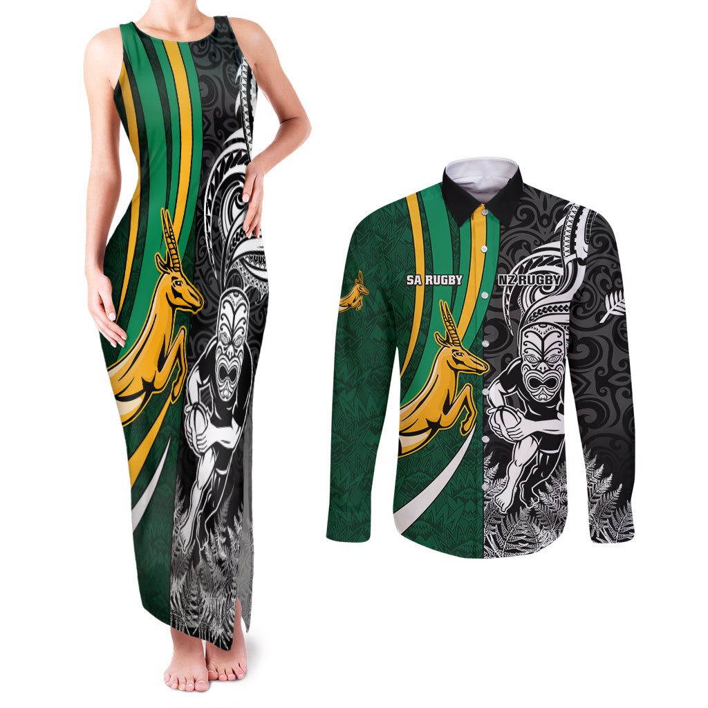 Custom New Zealand and South Africa Rugby Couples Matching Tank Maxi Dress and Long Sleeve Button Shirt Silver Fern Protea Pattern World Cup 2023 - Wonder Print Shop