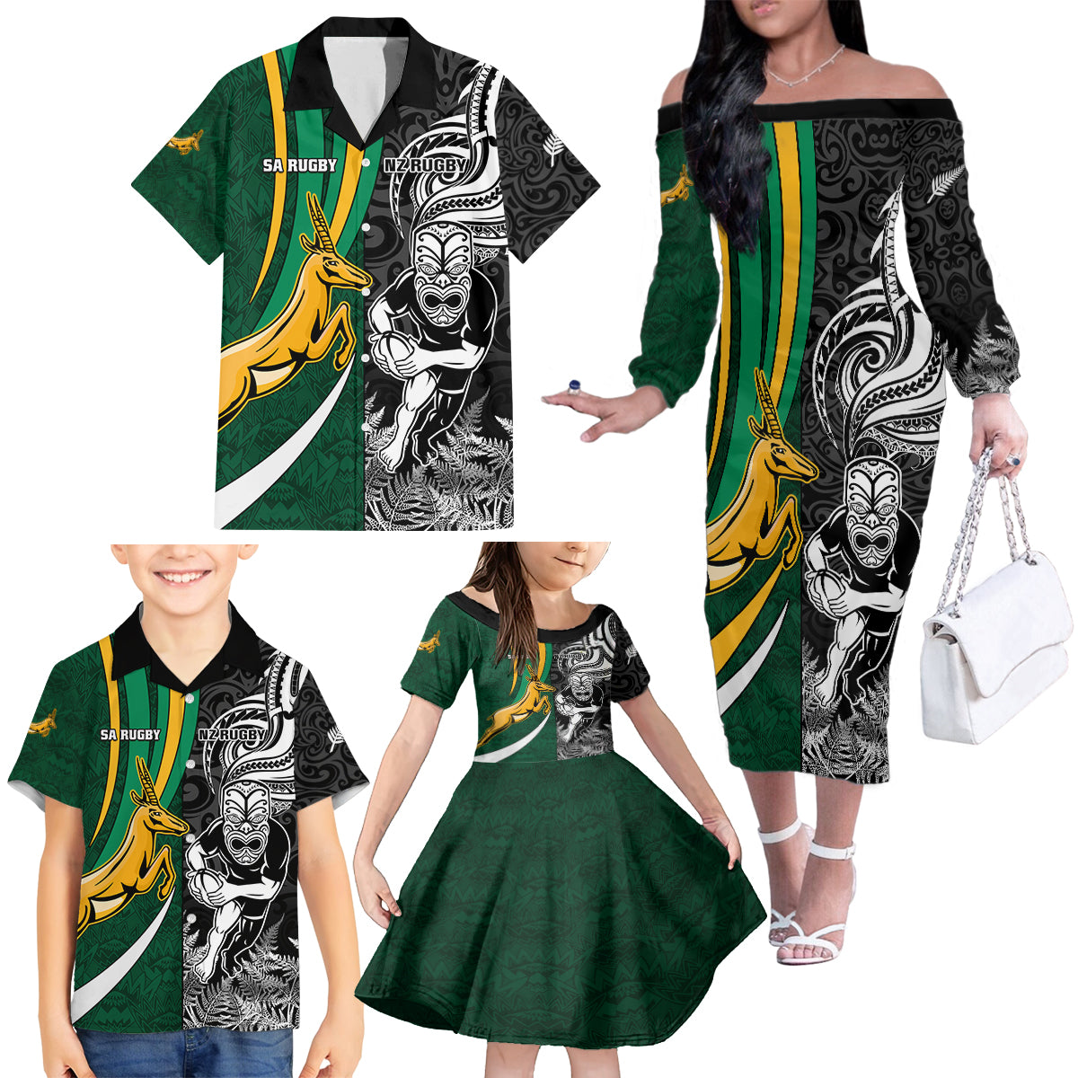 Custom New Zealand and South Africa Rugby Family Matching Off Shoulder Long Sleeve Dress and Hawaiian Shirt Silver Fern Protea Pattern World Cup 2023 - Wonder Print Shop