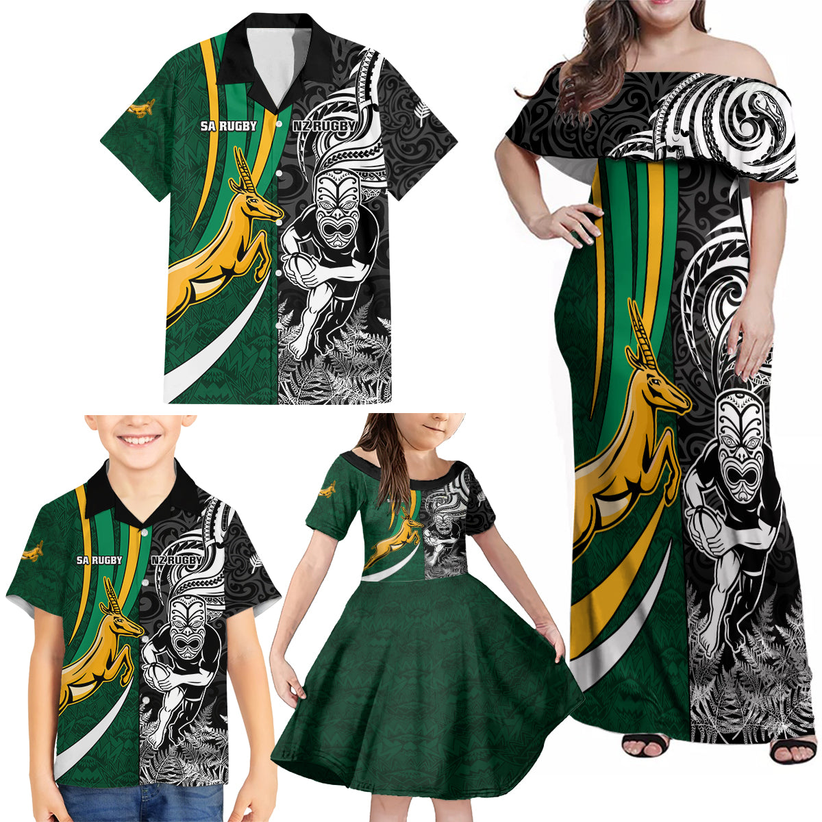 Custom New Zealand and South Africa Rugby Family Matching Off Shoulder Maxi Dress and Hawaiian Shirt Silver Fern Protea Pattern World Cup 2023 - Wonder Print Shop