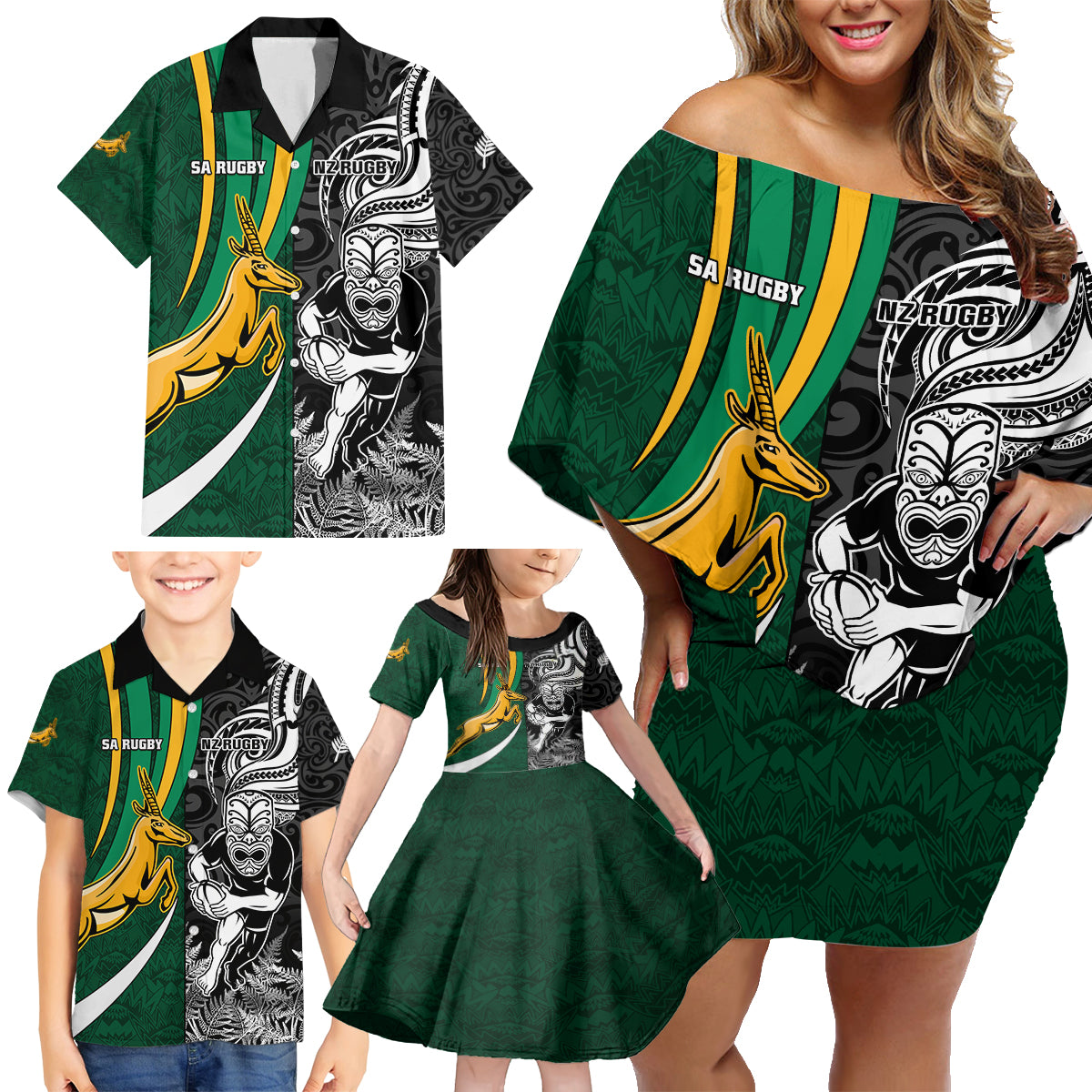 Custom New Zealand and South Africa Rugby Family Matching Off Shoulder Short Dress and Hawaiian Shirt Silver Fern Protea Pattern World Cup 2023 - Wonder Print Shop