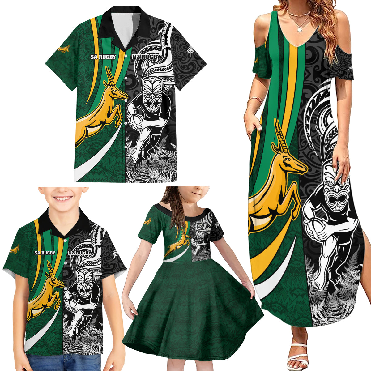 Custom New Zealand and South Africa Rugby Family Matching Summer Maxi Dress and Hawaiian Shirt Silver Fern Protea Pattern World Cup 2023 - Wonder Print Shop