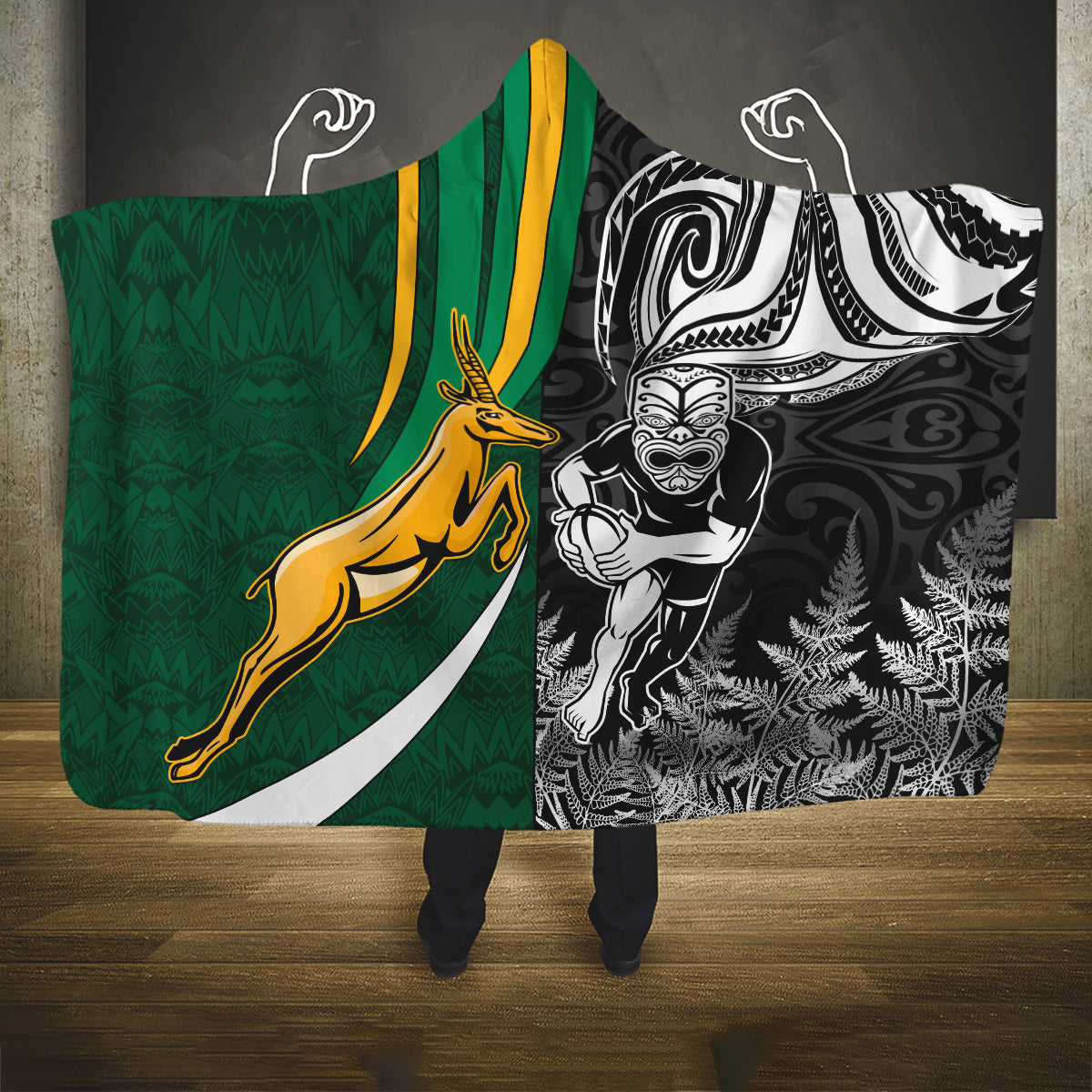 custom-new-zealand-and-south-africa-rugby-hooded-blanket-silver-fern-protea-pattern-world-cup-2023