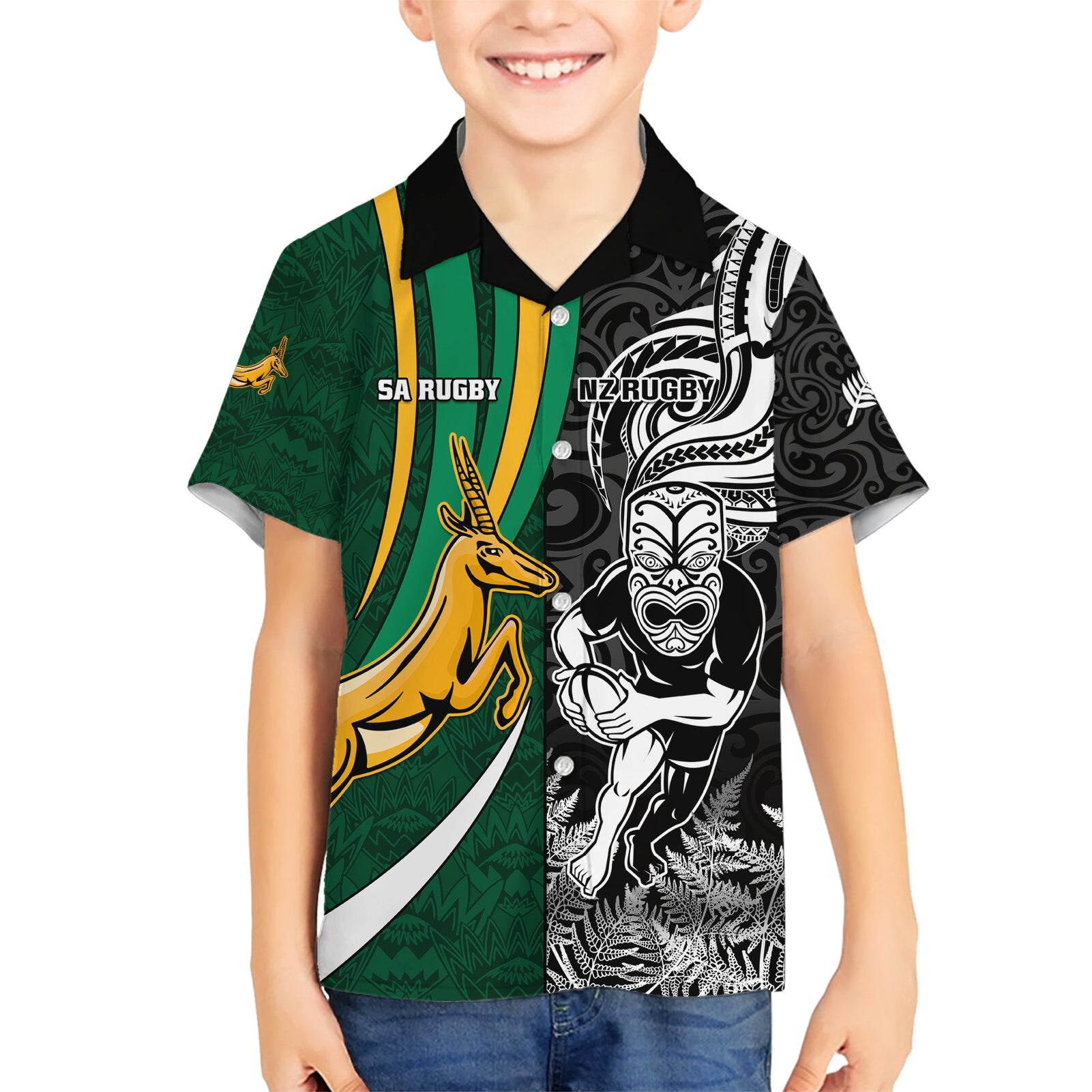 Custom New Zealand and South Africa Rugby Kid Hawaiian Shirt Silver Fern Protea Pattern World Cup 2023 - Wonder Print Shop