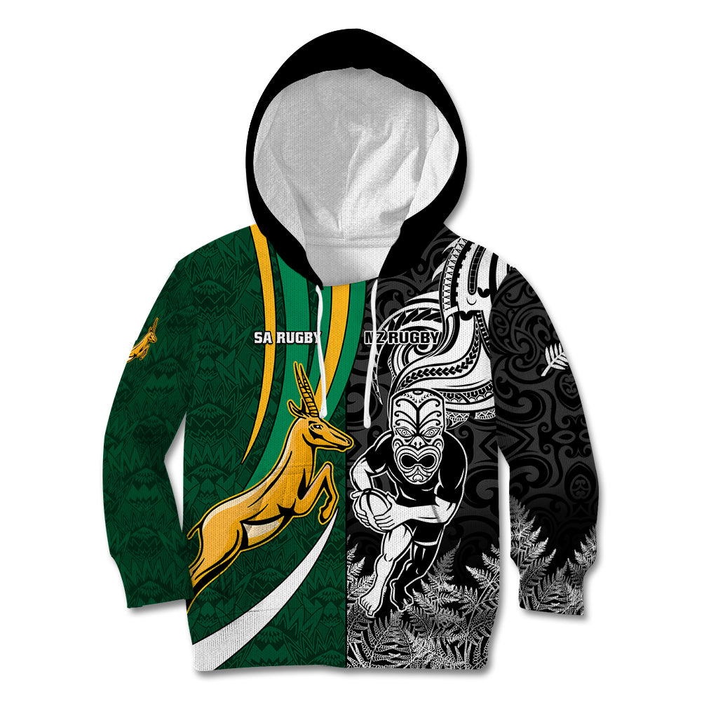 Custom New Zealand and South Africa Rugby Kid Hoodie Silver Fern Protea Pattern World Cup 2023 - Wonder Print Shop