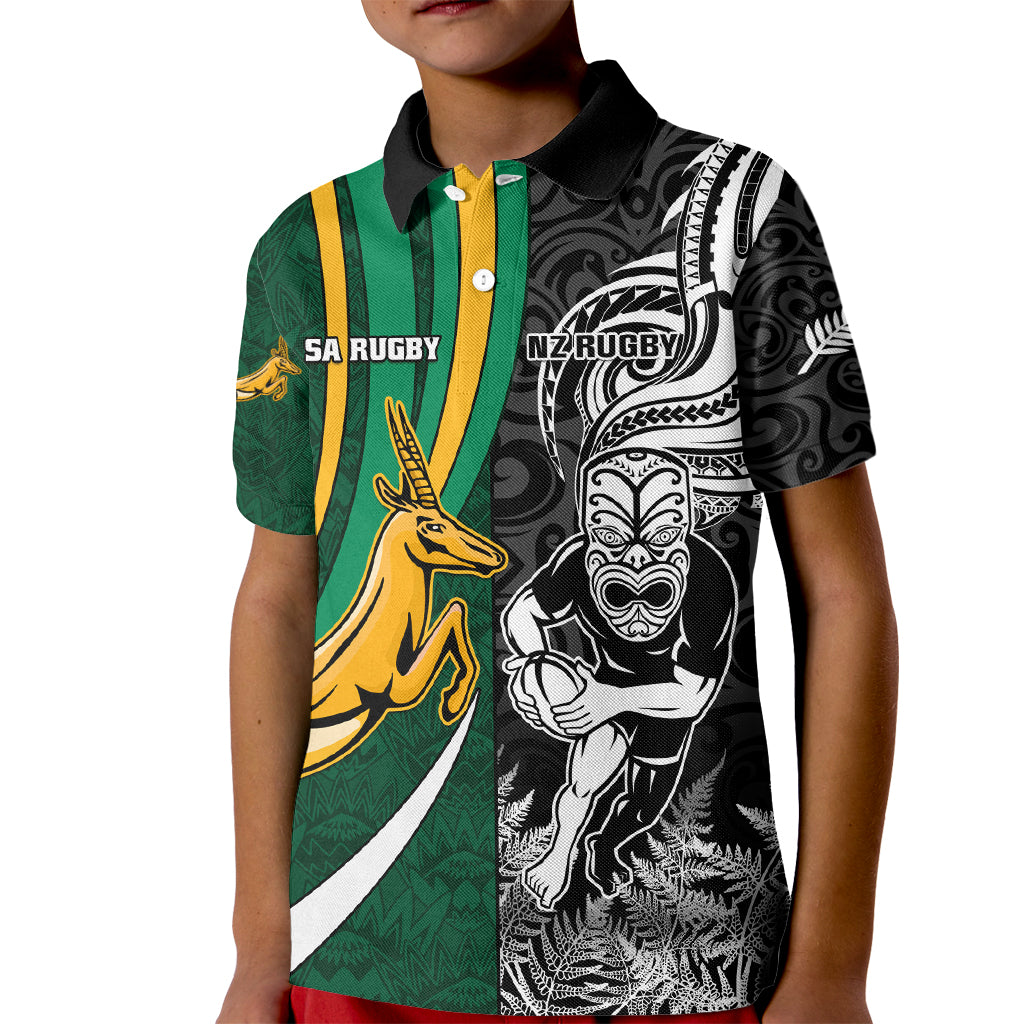 Custom New Zealand and South Africa Rugby Kid Polo Shirt Silver Fern Protea Pattern World Cup 2023 - Wonder Print Shop