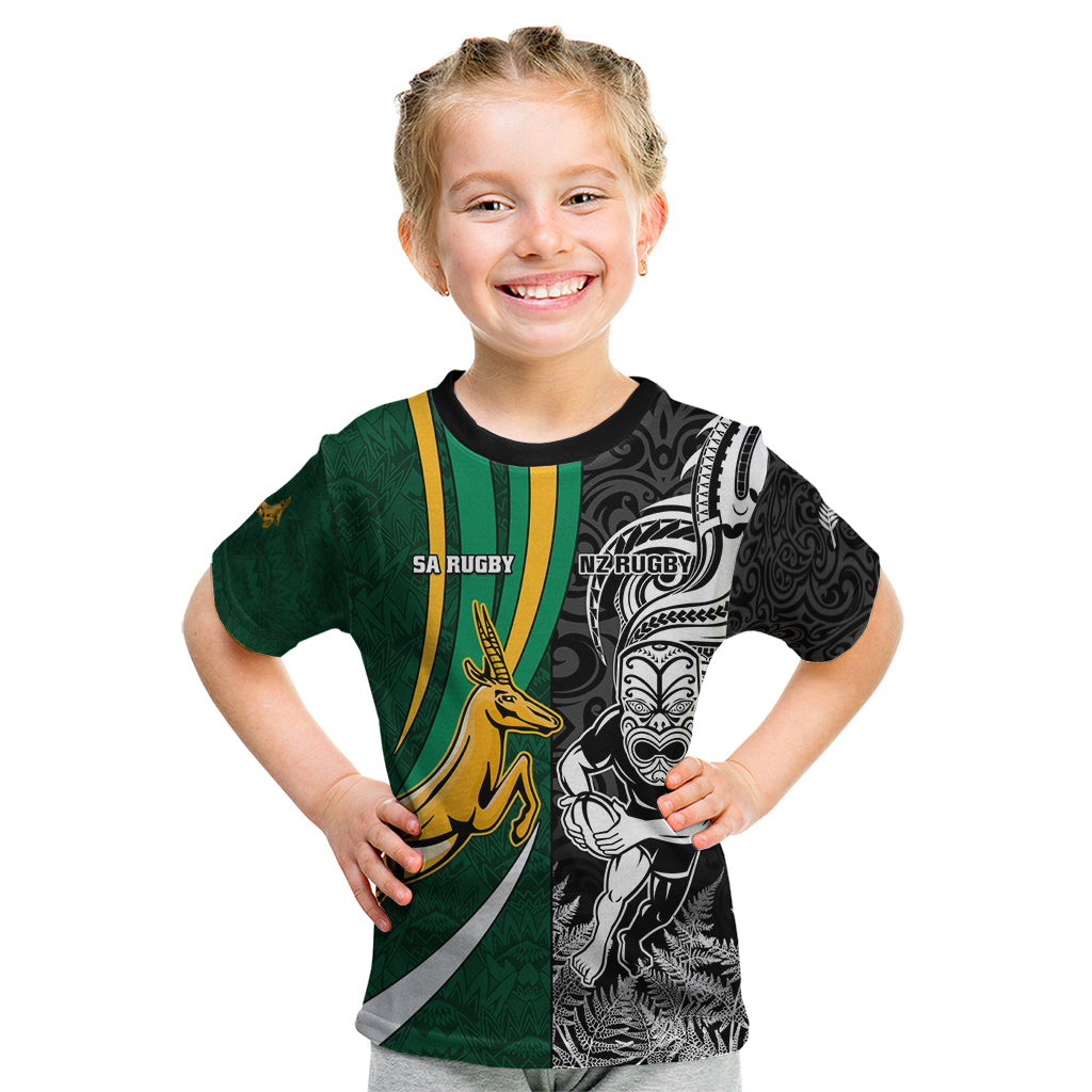 Custom New Zealand and South Africa Rugby Kid T Shirt Silver Fern Protea Pattern World Cup 2023 - Wonder Print Shop